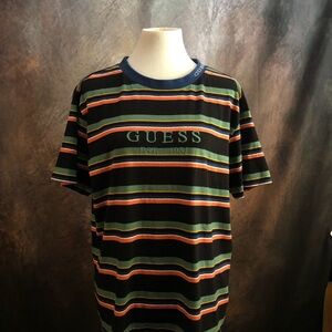 GUESS Black Tee with Green and Orange Stripe Pattern
